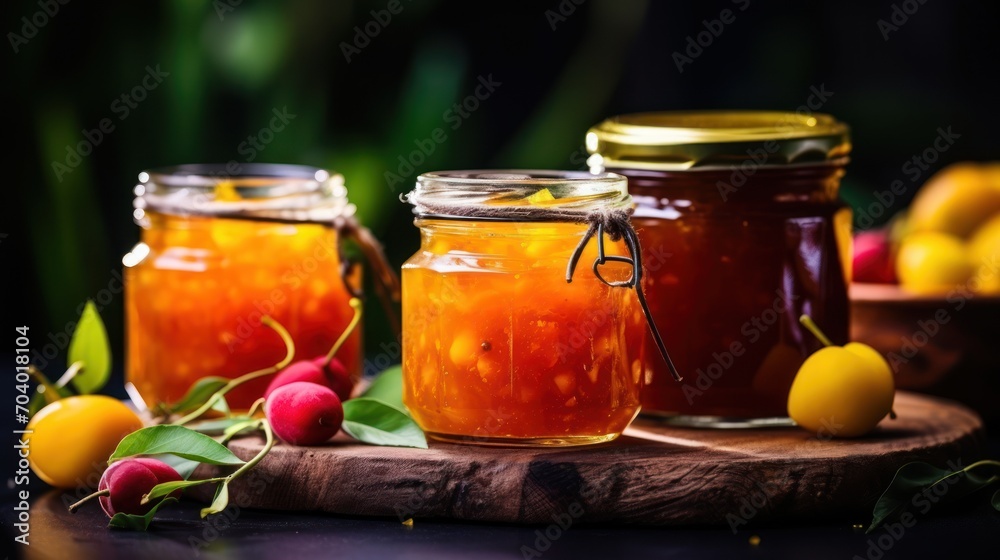 three jars of jam sitting on top of a wooden cutting board next to lemons, radishes, and raspberries on top of a wooden board. three jars of jam sitting on top of a wooden cutting board next to lemons, radishes, and raspberries on top of a wooden board.