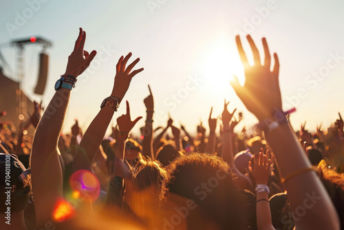People at the concert put their hands in the air photo