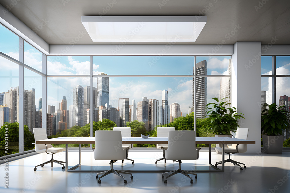 Modern coworking office interior with clean mock up place on wall, large panoramic windows with city view, lamps, concrete flooring and other objects. 3D Rendering