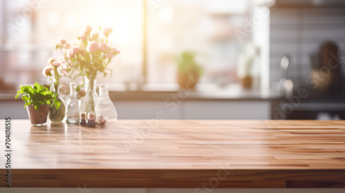 Empty wooden table top in the kitchen with kitchen utensil on the background  blurred background
