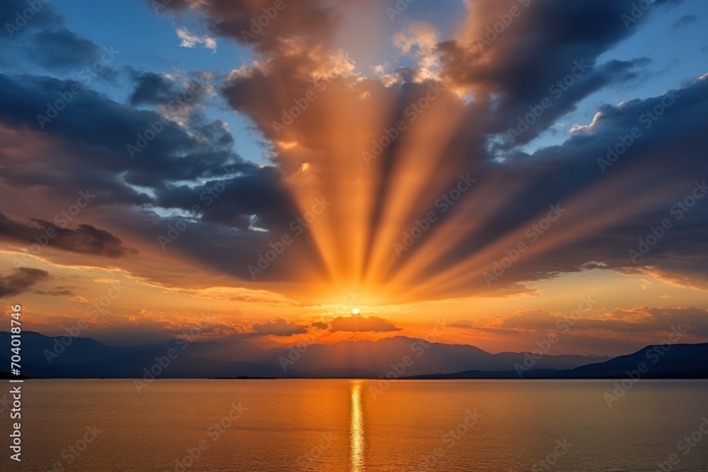  the sun shining through the clouds over a body of water with a boat in the foreground and a mountain range in the far distance in the distance with a blue sky.