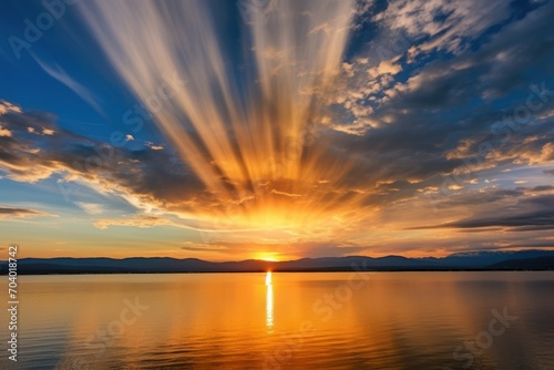  a large body of water with a sky filled with clouds and a sun setting in the middle of the sky with a few clouds in the middle of the water.