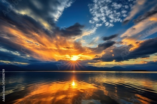  a large body of water with a sky filled with clouds and a sun setting in the middle of the sky with the sun shining through the clouds and reflecting off of the water. © Shanti