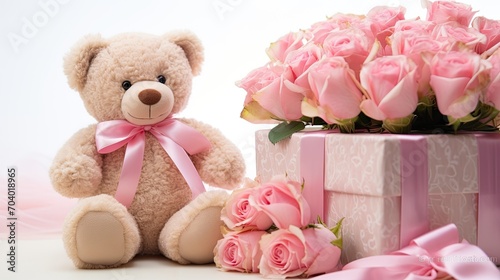 Bouquet of delicate pink roses, a toy teddy bear holding a gift with silk ribbons, © neirfy