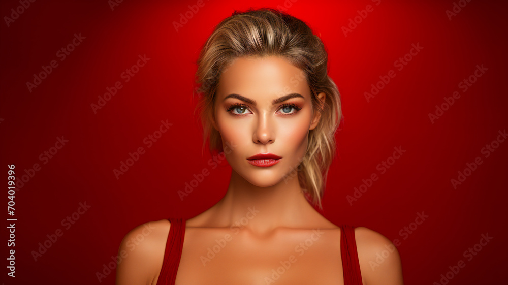 Glamorous Lady on a Red Fashionable Setting Glamorous Lady on a Red Fashionable Setting