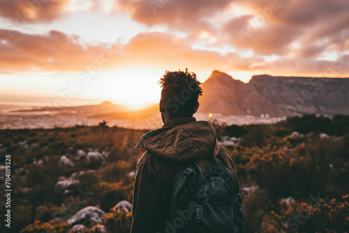 A traveller with a backpack against a backdrop of beautiful mountains, golden hour
