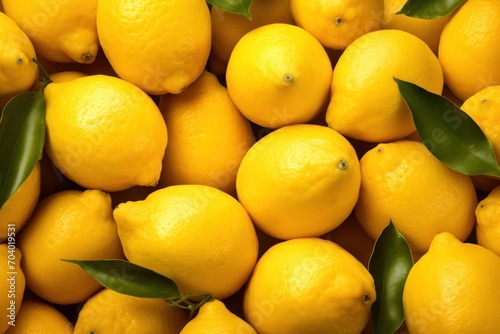  a pile of yellow lemons with green leaves on the top and bottom of the lemons with green leaves on the bottom of the top of the lemons.