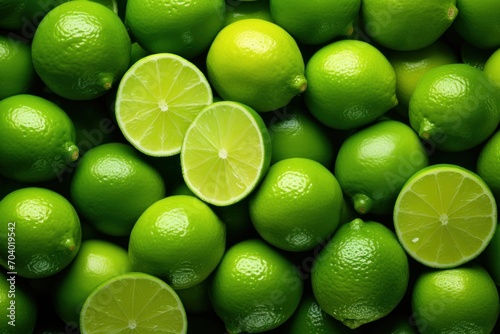  a pile of limes with one cut in half and two whole limes in the middle of the image with the whole lime in the middle of the image.