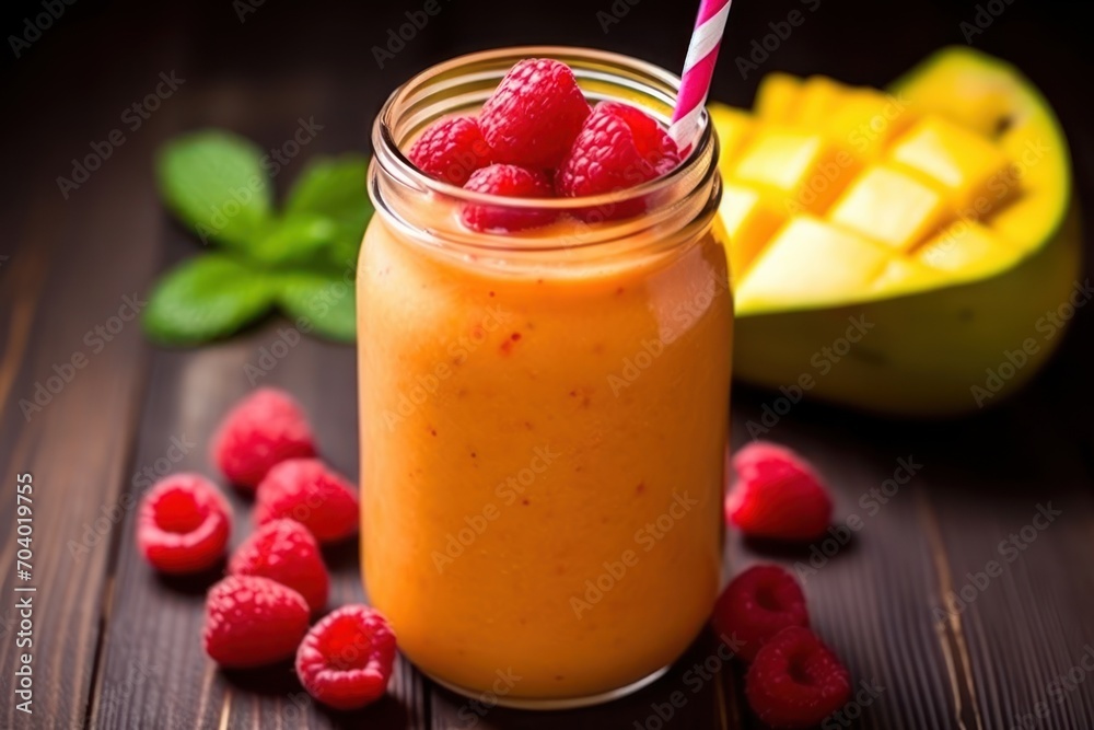 a smoothie with raspberries and a straw in a mason jar with a striped straw on a table next to a sliced mango and a bowl of mangoes. a smoothie with raspberries and a straw in a mason jar with a striped straw on a table next to a sliced mango and a bowl of mangoes.