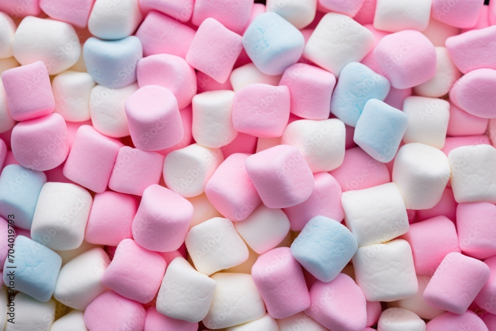 a pile of marshmallows that are pink, white, and blue in a close up view of the marshmallows on the top of the table. a pile of marshmallows that are pink, white, and blue in a close up view of the marshmallows on the top of the table.