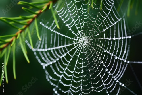  a close up of a spider web on a tree branch with drops of water on the spider's web, with a green background of leaves and blurry foliage.