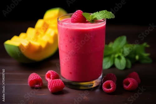  a smoothie in a glass with raspberries on a table next to a cut up mango and a piece of melon on the other side of fruit.