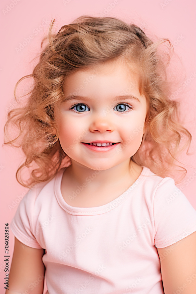 Happy Little Girl Portrait. Joyful Child in a Pink World Happy Little Girl Portrait. Joyful Child in a Pink World