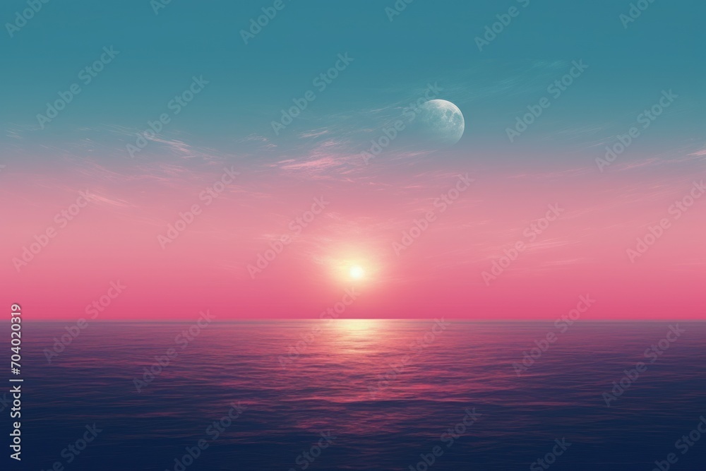  the sun is setting over the ocean with a pink and blue sky and the horizon is reflecting the sun in the water and the horizon is reflecting on the water.