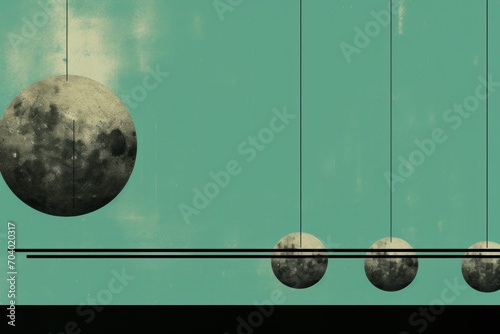  a group of balls hanging from strings in front of a blue sky with clouds and the moon in the middle of the picture with a line of three hanging balls. photo