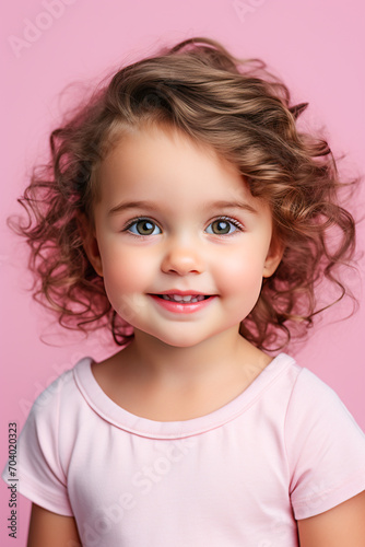 Happy Little Girl Portrait. Joyful Child in a Pink World