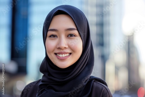 Portrait of a young Asian woman wearing a hijab, smiling against a city background. © furyon