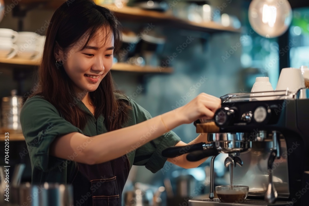 Young Asian woman training as a barista in a specialty coffee shop. Young Asian woman training as a barista in a specialty coffee shop.