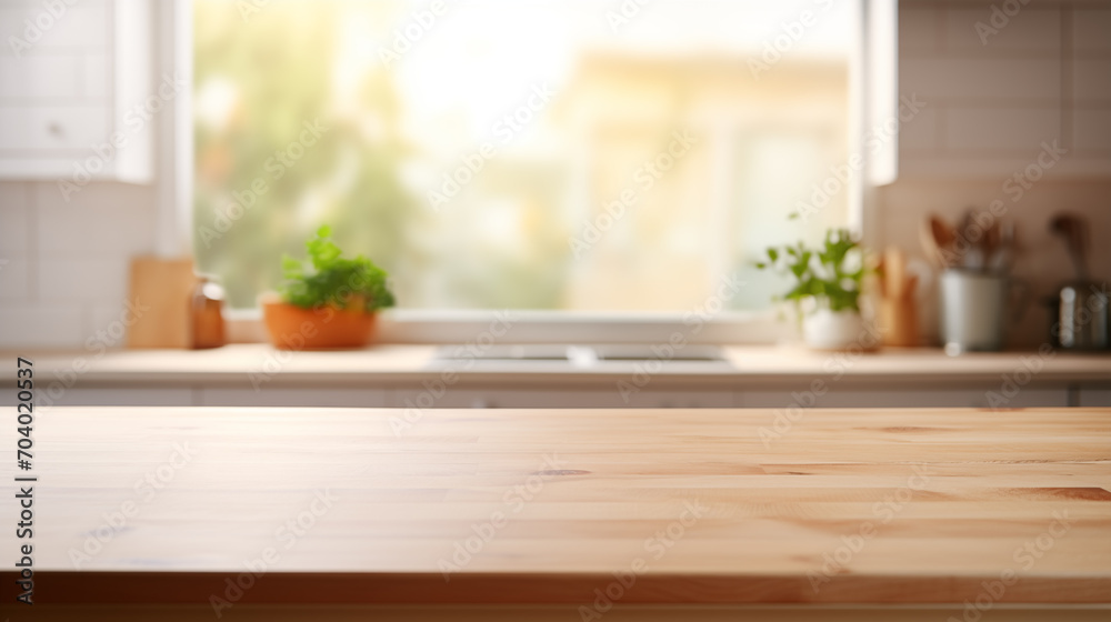 Empty wooden table top in the kitchen with kitchen utensil on the background, blurred background Empty wooden table top in the kitchen with kitchen utensil on the background, blurred background