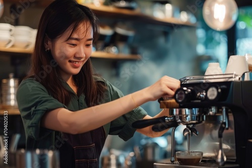 Young Asian woman training as a barista in a specialty coffee shop.