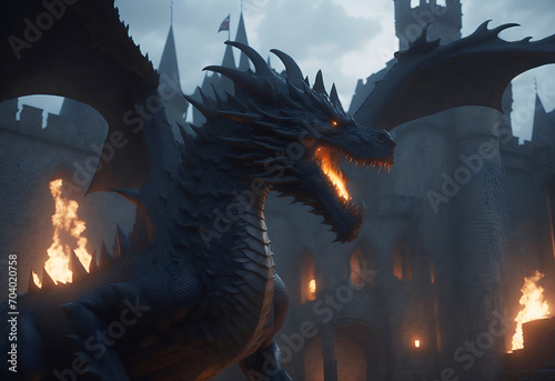 Dragon with medieval castle