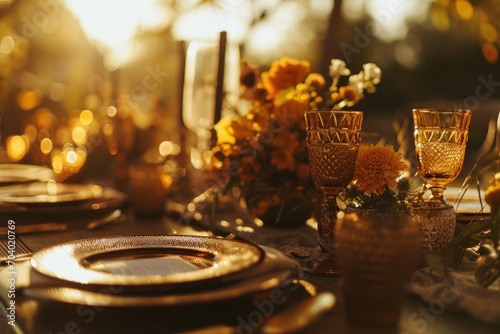  a close up of a table with a plate and a vase with flowers on it and a vase with yellow flowers in the middle of the plate and a vase with yellow flowers in the middle.