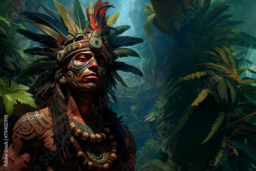 Chaman Maya con ornamentos para rituales  en la selva © Tonikko