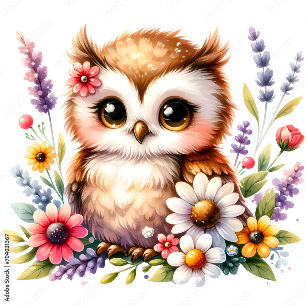 Fototapeta premium Cute floral owl watercolor clipart with transparent background