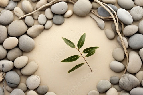  a plant sprouting out of the middle of a circle of rocks with a twig sticking out of the middle of the circle of the stones and a twig sticking out of the top.
