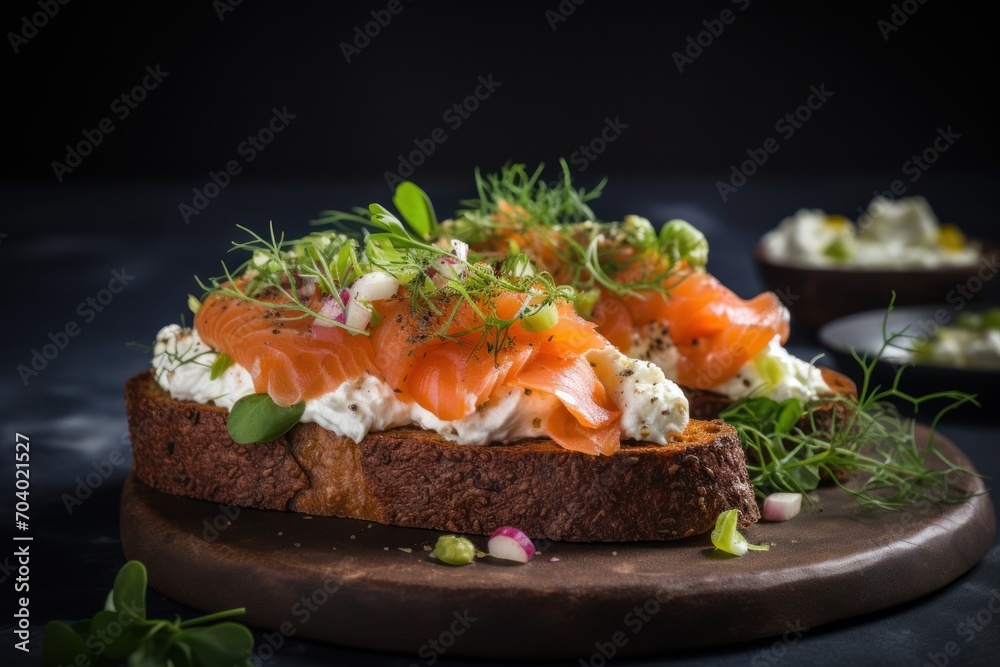 a close up of a piece of bread with a lot of food on top of it and garnished with sprouts and other food on a plate. a close up of a piece of bread with a lot of food on top of it and garnished with sprouts and other food on a plate.