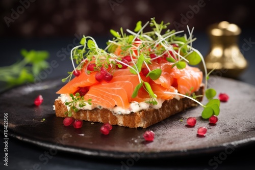  a black plate topped with a piece of bread covered in salmon and garnished with sprouts and pomegranates on top of a black surface.