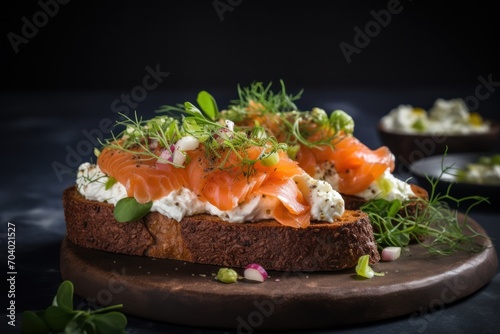  a close up of a piece of bread with a lot of food on top of it and garnished with sprouts and other food on a plate.