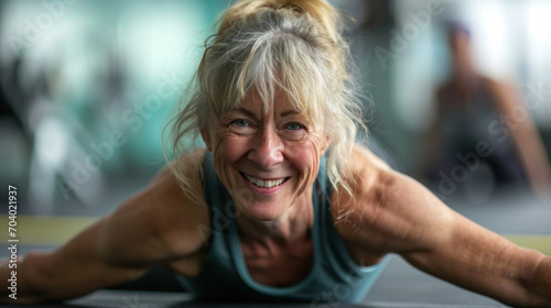 Senior Woman in Fitness Class in a Plank Pose Smiling