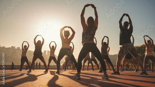 A group of adults attending a fitness class outdoors are doing leg stretches photo