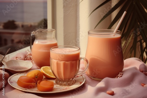  a table topped with a plate of fruit next to a pitcher of milk and a pitcher of oranges next to a plate of oranges and a pitcher of milk.