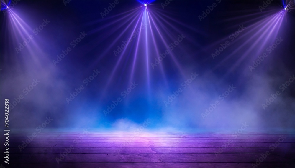 empty night scene with spotlights blue neon concrete floor smoke smog generation ai