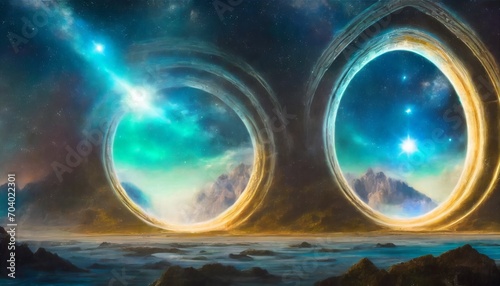 a futuristic world with magical portals fantasy concept illustration painting generative ai