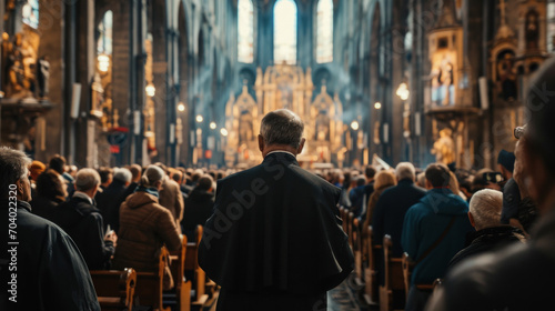 A priest in uniform leads prayers in a church along with a large crowd of people