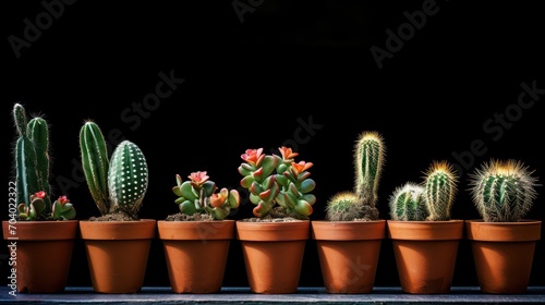  a row of potted cacti and succulents in front of a black background, with a black background behind the row of cacti and succulents.