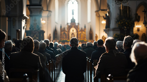 A priest in uniform leads prayers in a church along with a large crowd of people