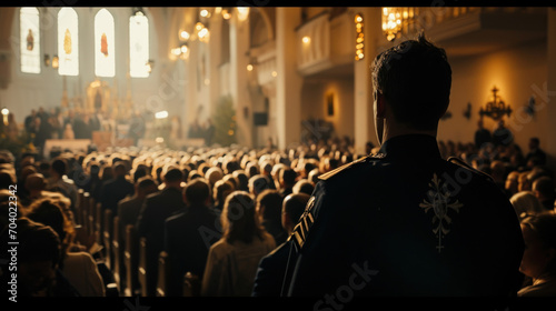 A priest in uniform leads prayers in a church along with a large crowd of people