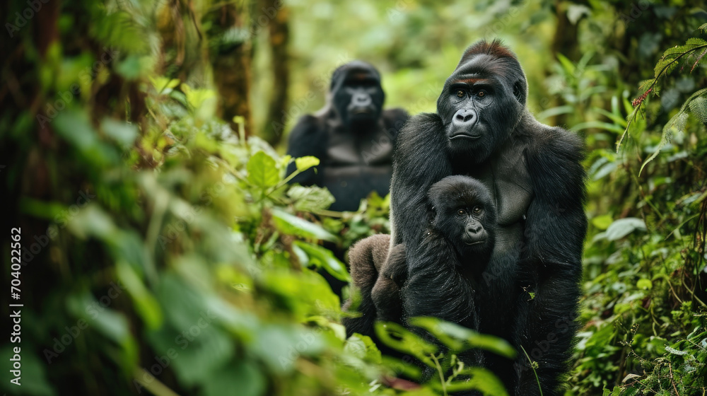 Family of gorillas in the morning forest