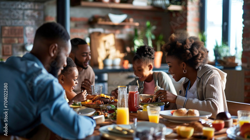 family talking during breakfast at dining table