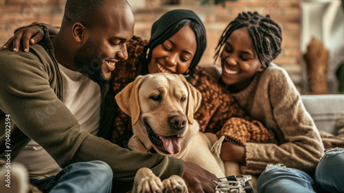 African American family and their dog enjoying at home