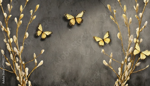 photo wallpaper wallpaper mural design in the loft classic modern style willow branches with gold butterflies on a dark concrete grunge wall