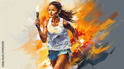 female athlete carries the olympic torch in watercolor style photo