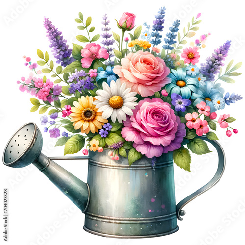 Floral watering can watercolor clipart with transparent background photo