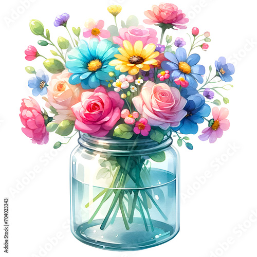 Floral watering can watercolor clipart with transparent background