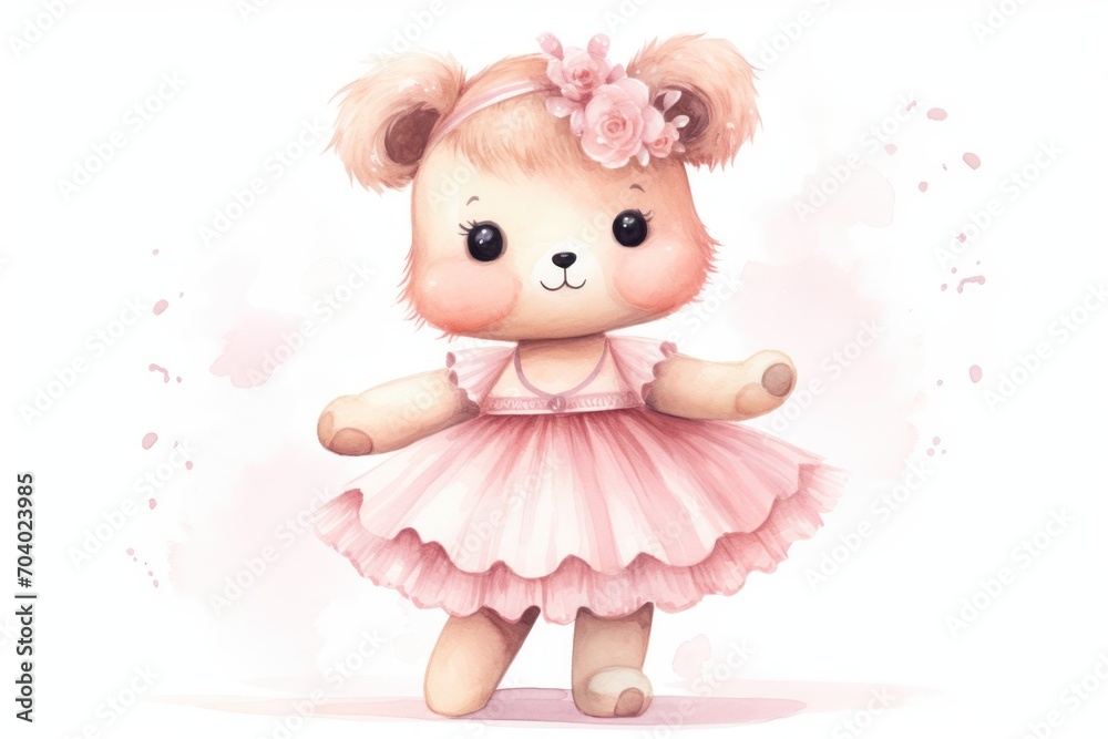  a little teddy bear in a pink dress with a flower in her hair and a pink bow in her hair, standing in front of a white background with pink spots.