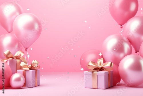  a pink gift box with a gold bow and a bunch of balloons with stars on a pink background with a gold ribbon and a pink gift box with a gold bow.